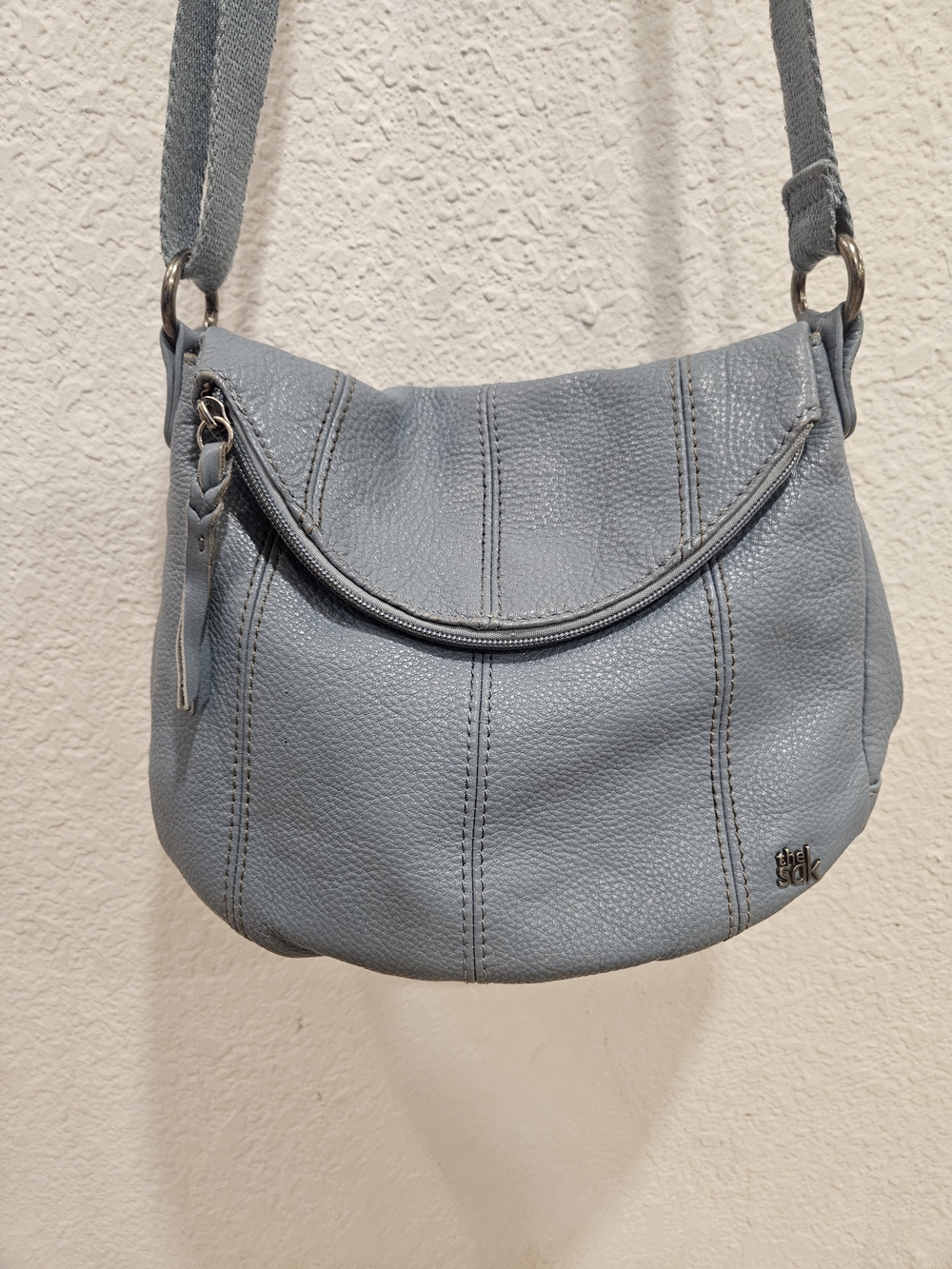 The Sak Deena Flap Crossbody Bag Pebbled Leather Dusty Vintage Blue